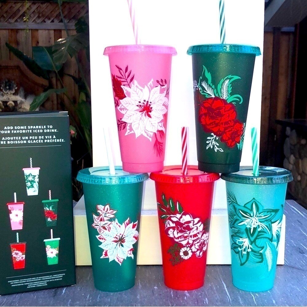 Starbucks Set of 5 Christmas Reusable Cold Cups. Holiday 16 oz cups New In Box